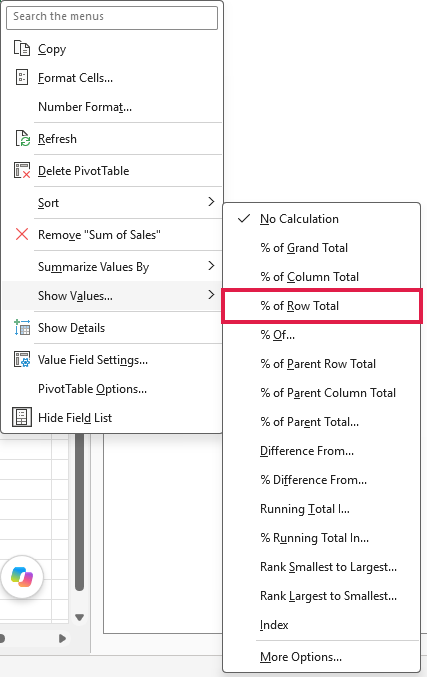 Show Values menu displays the % of Row Total option inside a highlighted box.