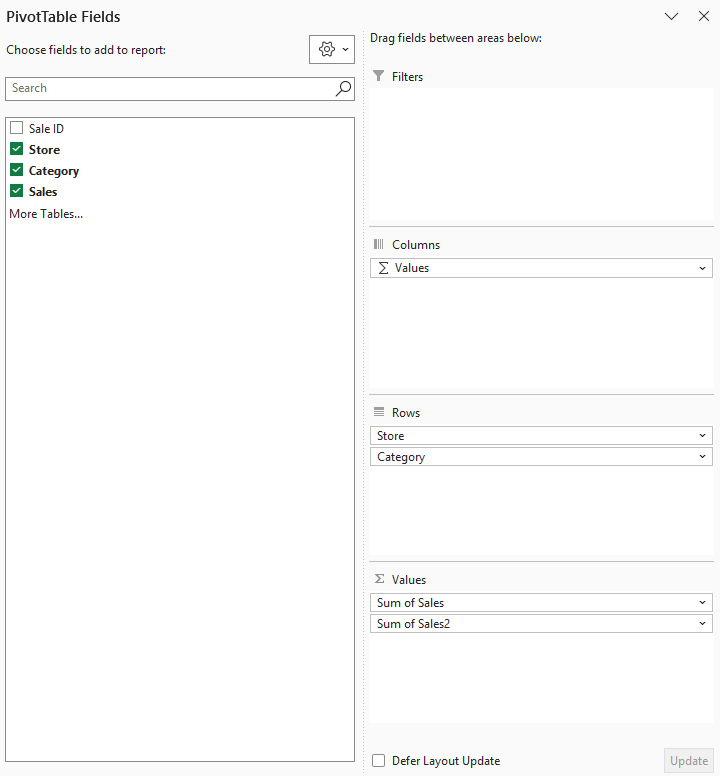 PivotTable Fields pane shows Store and Category in Rows, with two Sales fields in Values.