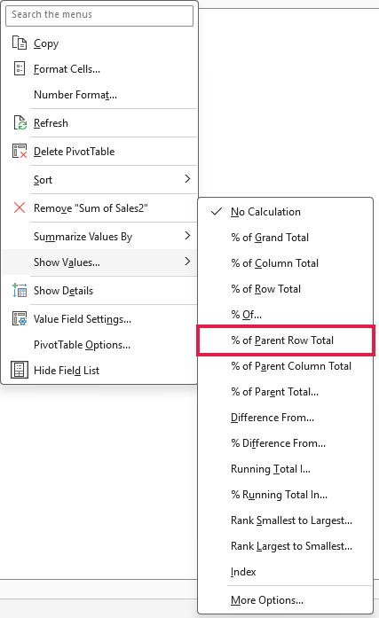 Show Values flyout highlights the % of Parent Row Total option with a box.