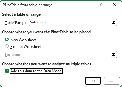 PivotTable dialog uses SalesData as its source, with Add this data to the Data Model checked.