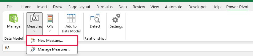 Power Pivot tab shows the Measures dropdown open, with New Measure outlined in a box.