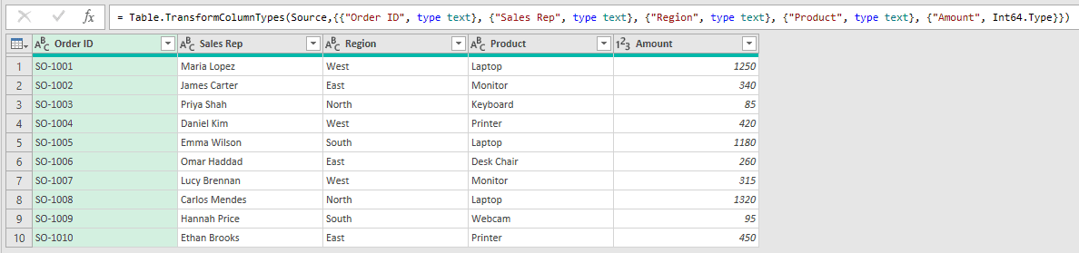 Power Query Editor showing the Sales query with ten orders