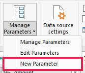 Manage Parameters dropdown with New Parameter highlighted