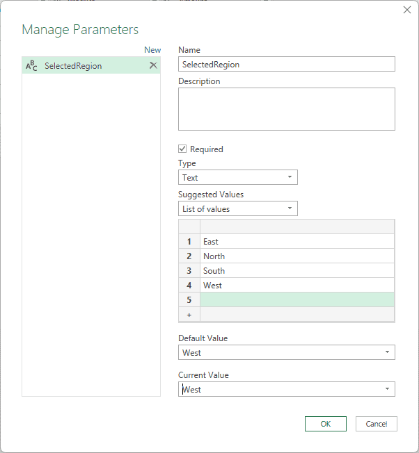 Manage Parameters dialog with SelectedRegion and four region suggestions