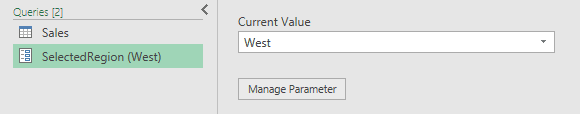 SelectedRegion in the Queries pane with West as its current value