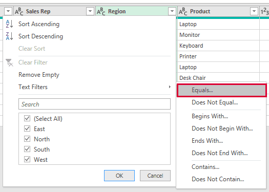 Region column filter menu with Text Filters highlighted