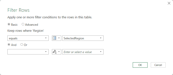 Filter Rows dialog using the SelectedRegion parameter
