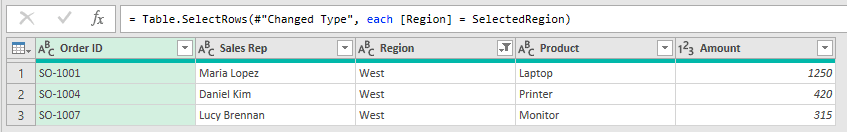 Filtered Rows formula referencing SelectedRegion and showing three West orders