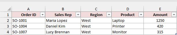 Loaded Sales table showing three West orders