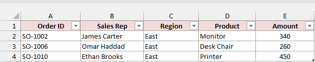 Loaded Sales table showing three East orders