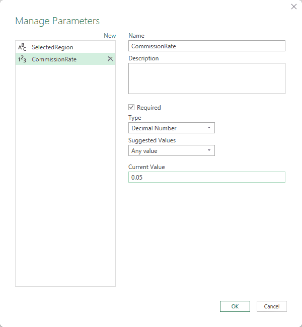 Manage Parameters dialog with CommissionRate set to 0.05 and SelectedRegion listed