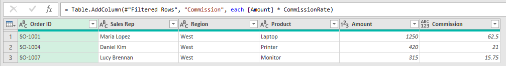 Sales query with commissions of 62.5, 21, and 15.75 for West orders