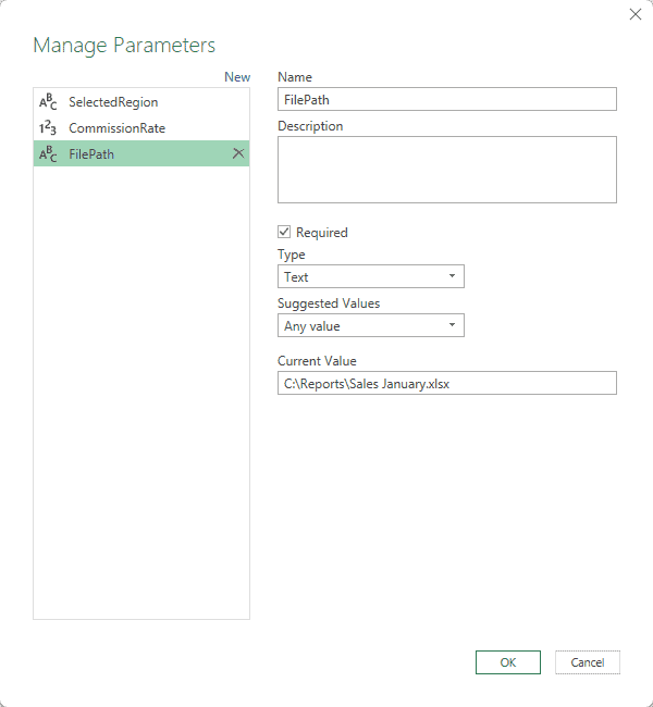 Manage Parameters dialog with FilePath set to the January workbook path