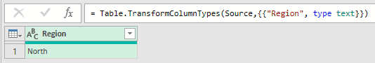Power Query Editor showing the RegionPicker query with one North row