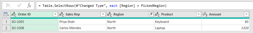 CellSales Filtered Rows formula using PickedRegion and showing two North orders