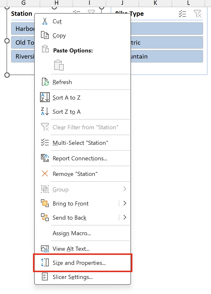 Slicer right-click menu with Size and Properties