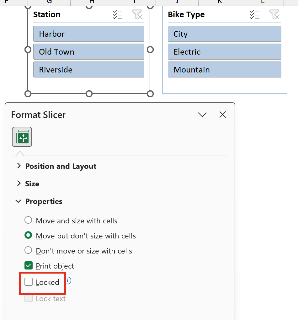 Format Slicer pane with Locked unchecked
