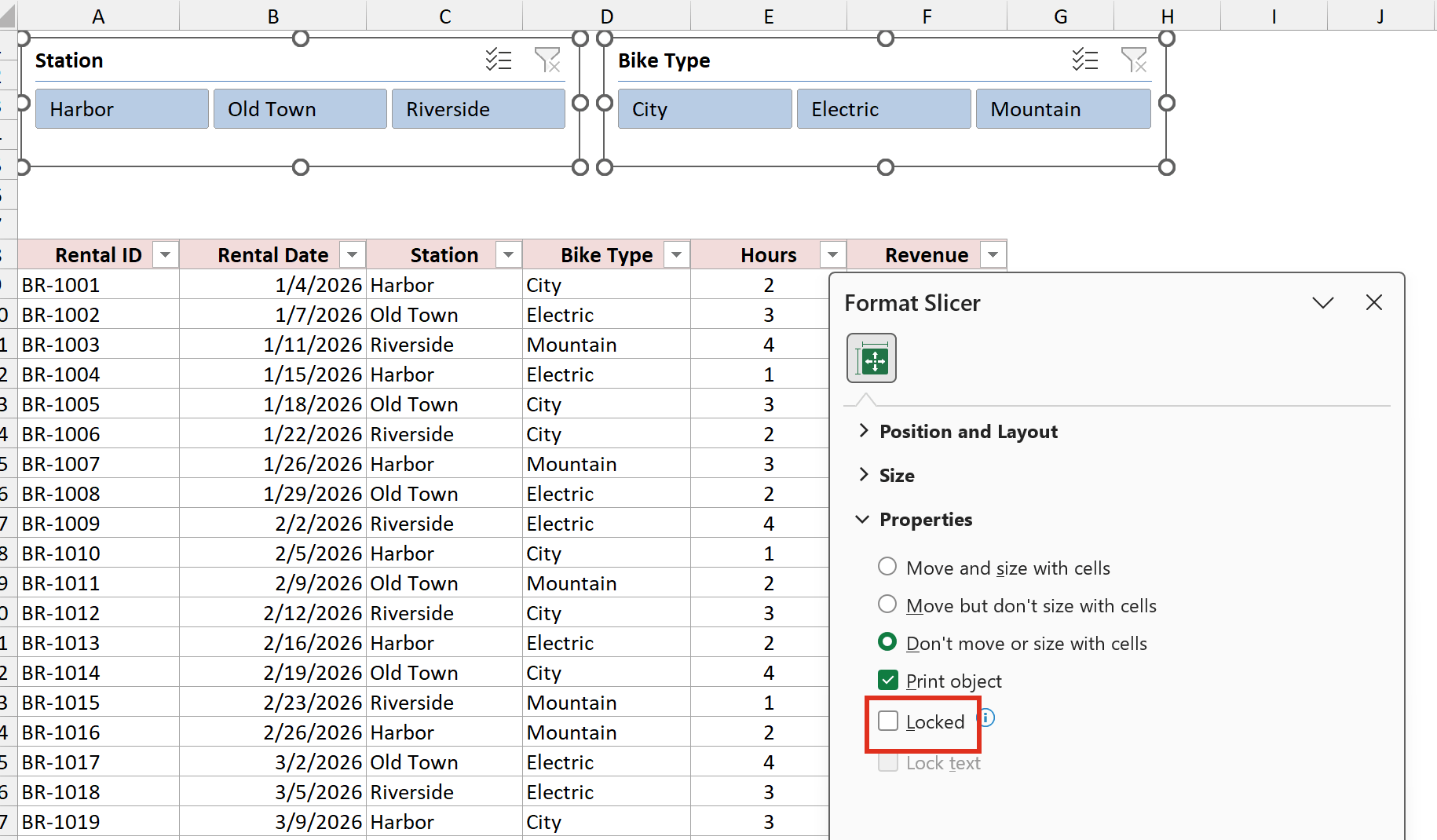 Format Slicer pane with both Table slicers selected and Locked unchecked