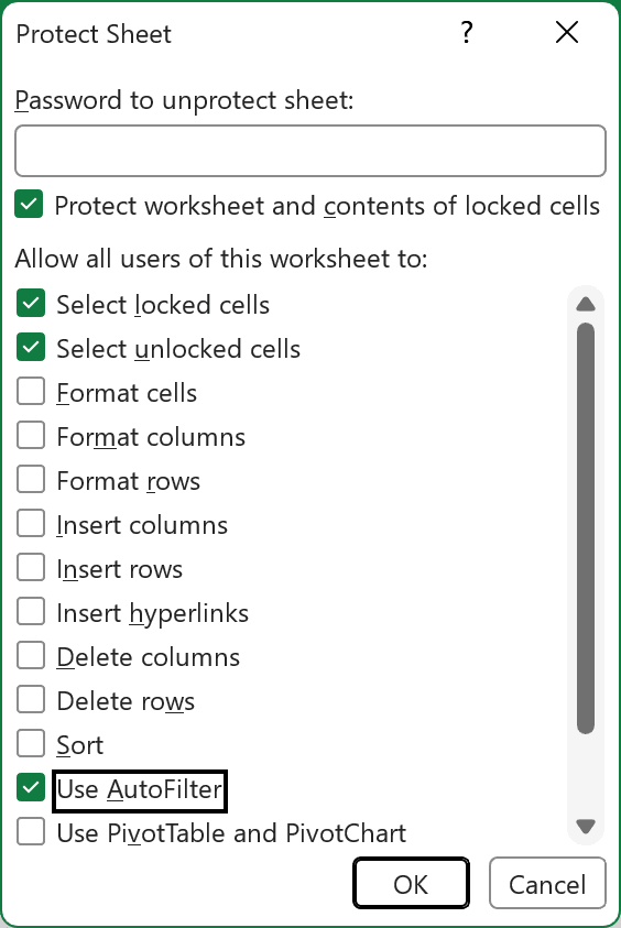 Protect Sheet dialog with Use AutoFilter checked