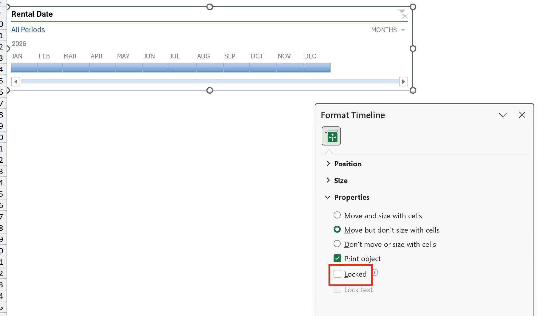 Format Timeline pane with Locked unchecked