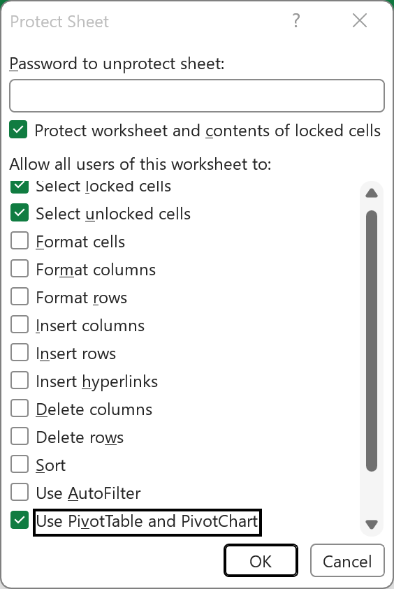 Protect Sheet dialog with Use PivotTable and PivotChart checked for the Timeline sheet