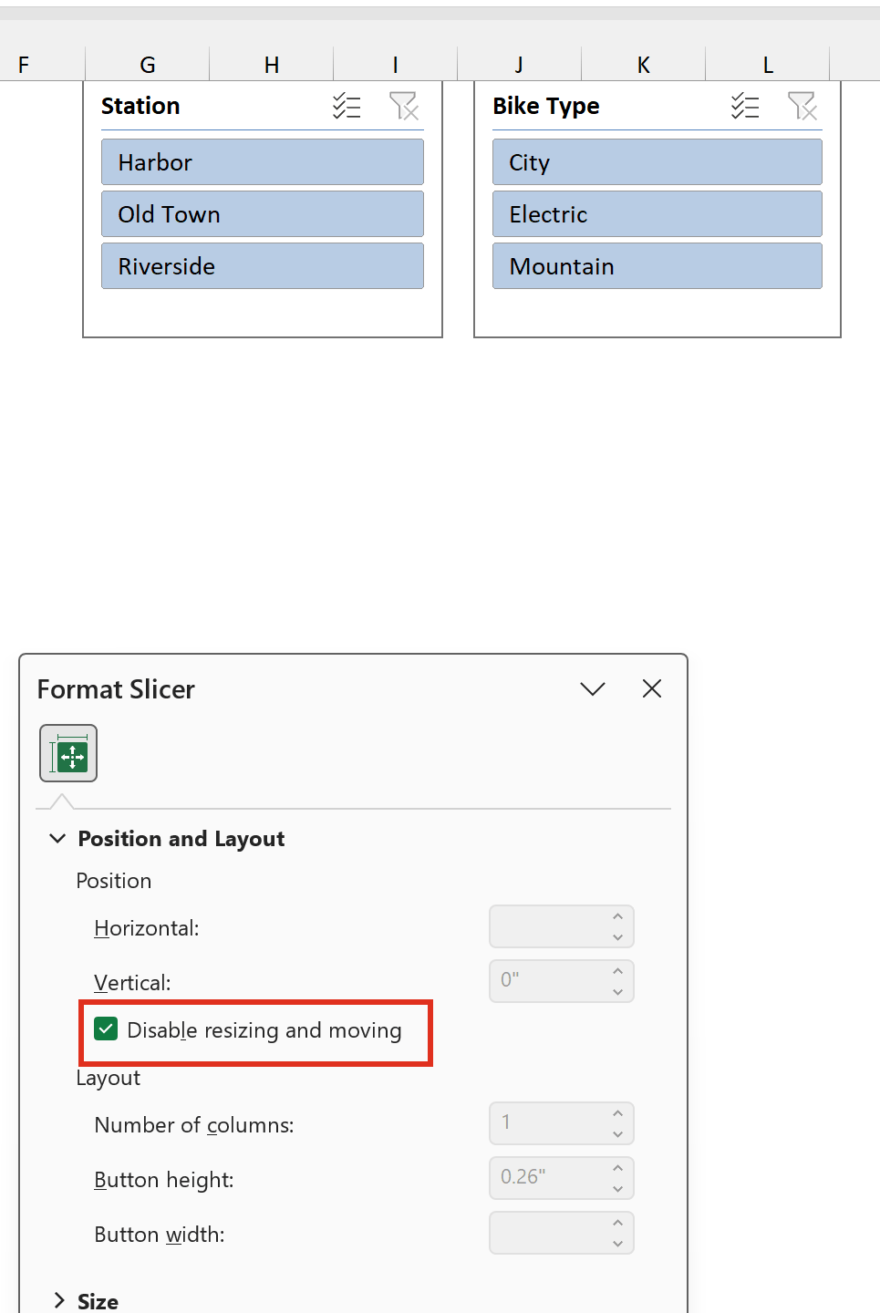 Format Slicer pane with Disable resizing and moving checked