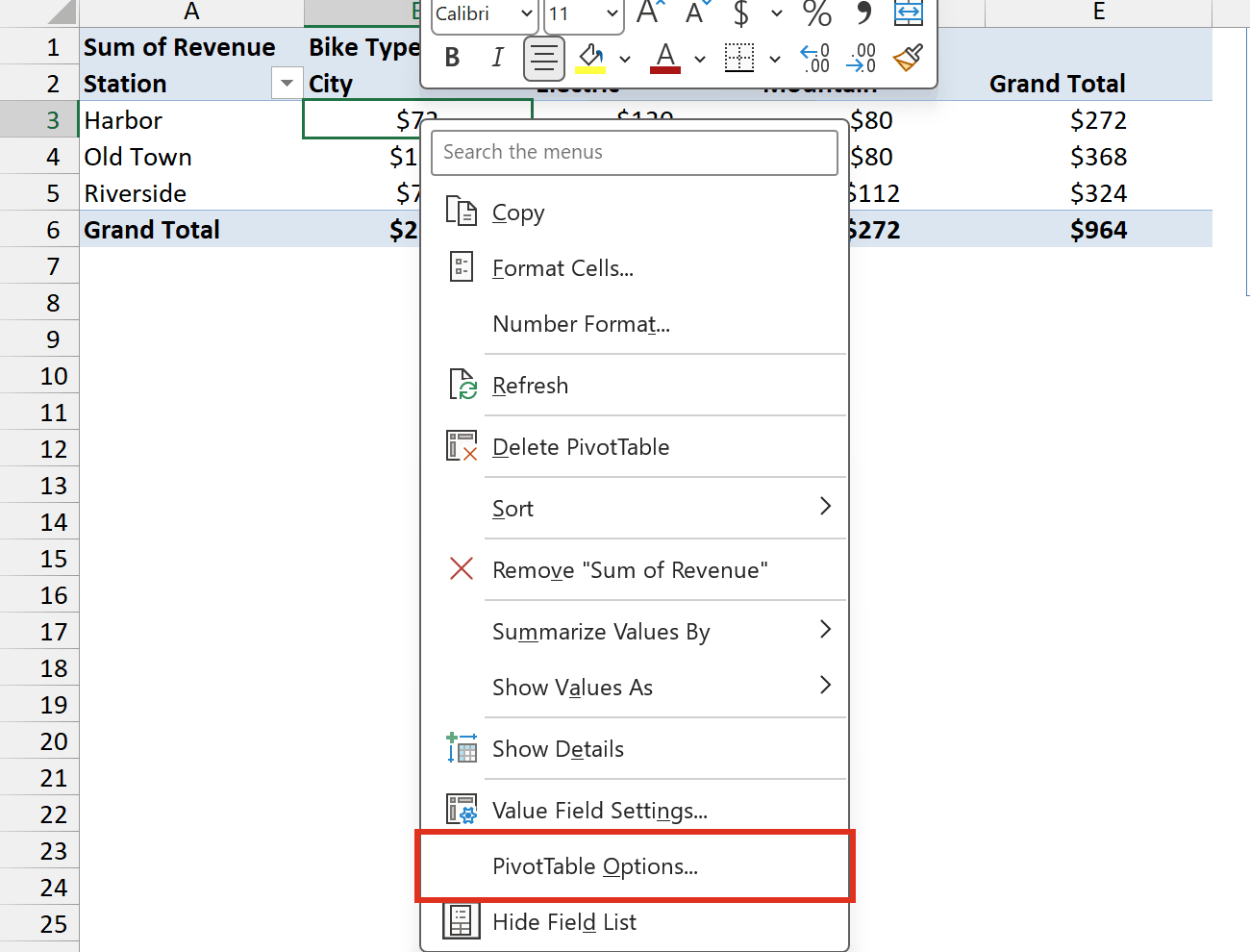 PivotTable right-click menu with PivotTable Options