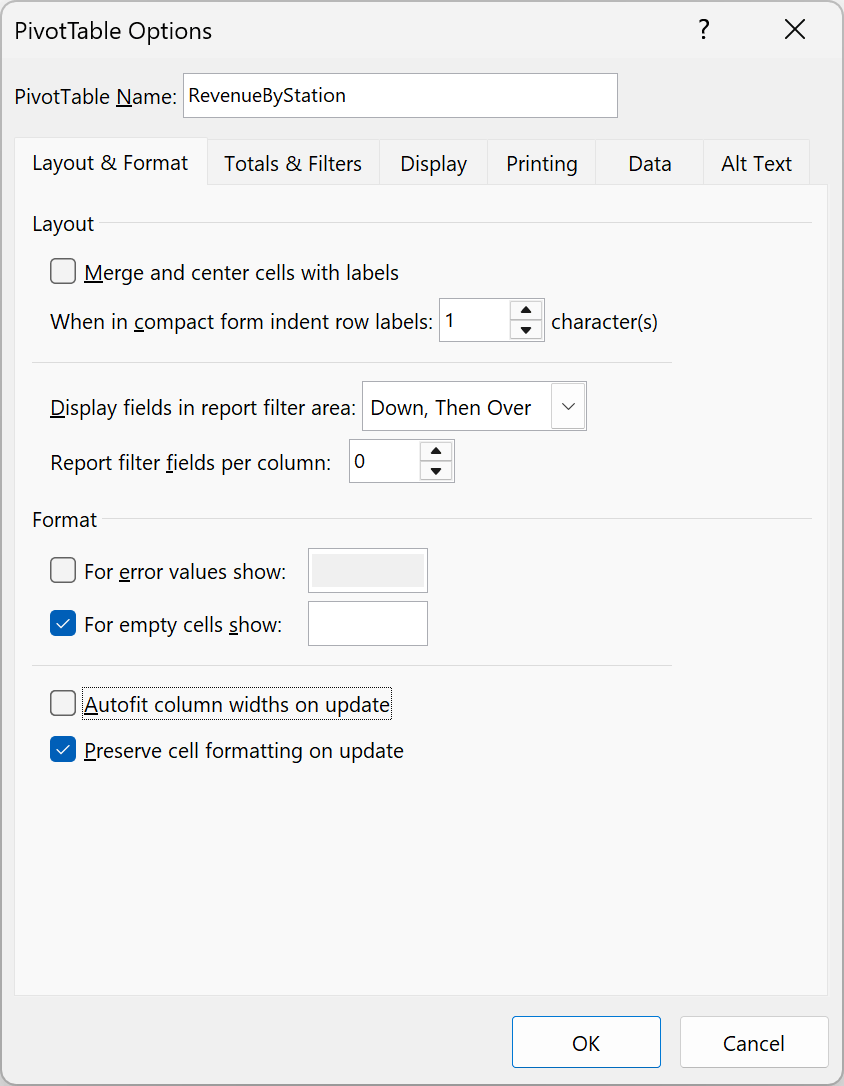 PivotTable Options Layout & Format tab with Autofit column widths on update unchecked
