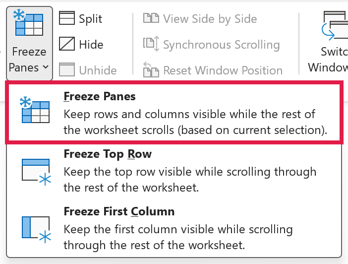View tab Freeze Panes menu with Freeze Panes highlighted