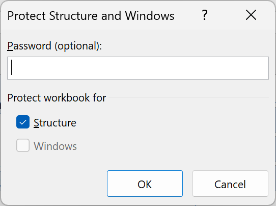 Protect Structure and Windows dialog with Structure checked