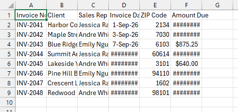 Invoices.csv reopens without header fill or borders, with narrow columns, missing ZIP code zeros, and hash marks.