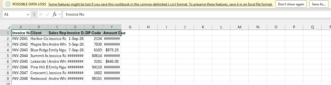 Yellow POSSIBLE DATA LOSS bar above the CSV sheet offers Don't show again and Save As buttons.