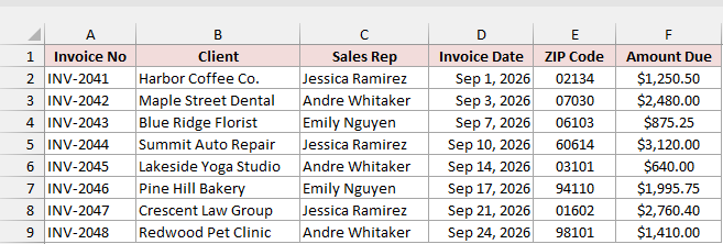 Invoice list displays a pink bold header, borders, formatted dates, leading ZIP code zeros, and currency amounts.