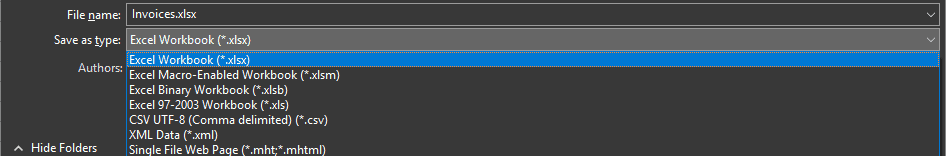Save As dialog shows Invoices.xlsx with Excel Workbook (*.xlsx) selected in the file type list.