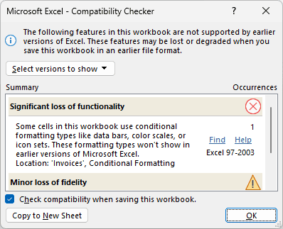 Compatibility Checker warns that conditional formatting such as data bars will not appear in earlier Excel versions.