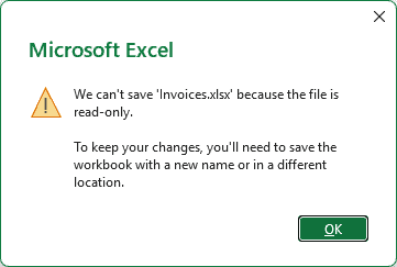 Excel cannot save the read-only Invoices.xlsx file and requests a new name or location.