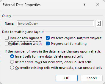 InvoiceQuery External Data Properties shows Adjust column width unchecked and Preserve cell formatting checked.