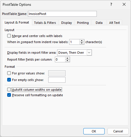 PivotTable Options shows Autofit column widths on update unchecked and Preserve cell formatting on update checked.