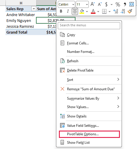 PivotTable right-click menu highlights PivotTable Options beside the summary of Amount Due by Sales Rep.