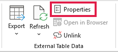 Table Design tab highlights the Properties button in the External Table Data group.
