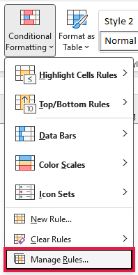 Conditional Formatting menu on the Home tab highlights Manage Rules for inspecting formatting rules.