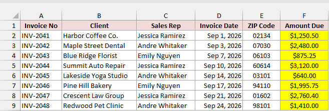 Amount Due cells all display yellow fill after the conditional formatting rule is deleted.