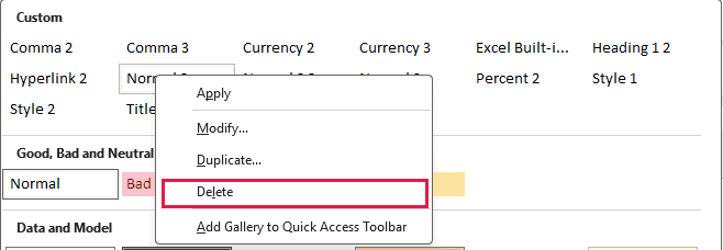 Cell Styles gallery shows leftover custom styles with Delete highlighted in a style's right-click menu.