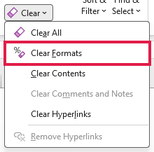 Clear menu on the Home tab highlights Clear Formats for removing cell formatting.
