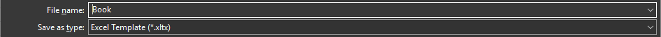 Save As fields show Book as the filename and Excel Template (*.xltx) as the file type.