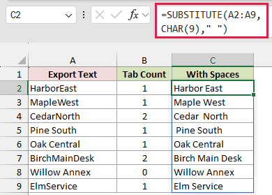Original branch labels and tab counts beside column C, With Spaces, showing Harbor East and Birch Main Desk.