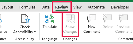 The modern Show Changes command on the Review tab.