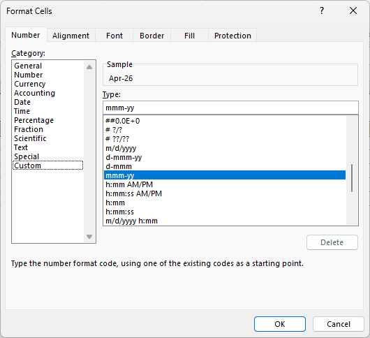 Format Cells dialog shows Number tab, Custom category and mmm-yy in the Type box.