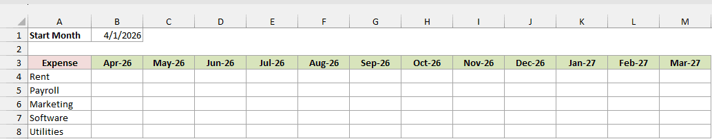 Formatted month headers run from Apr-26 through Mar-27 above the expense rows.