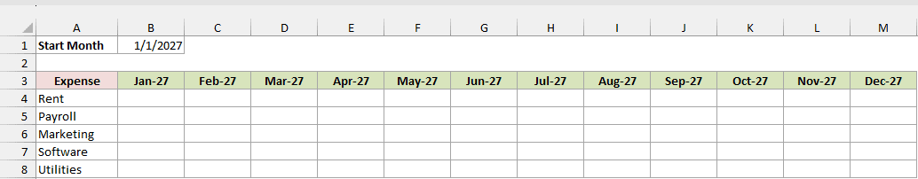 B1 shows 1/1/2027, with month headers updated to Jan-27 through Dec-27.